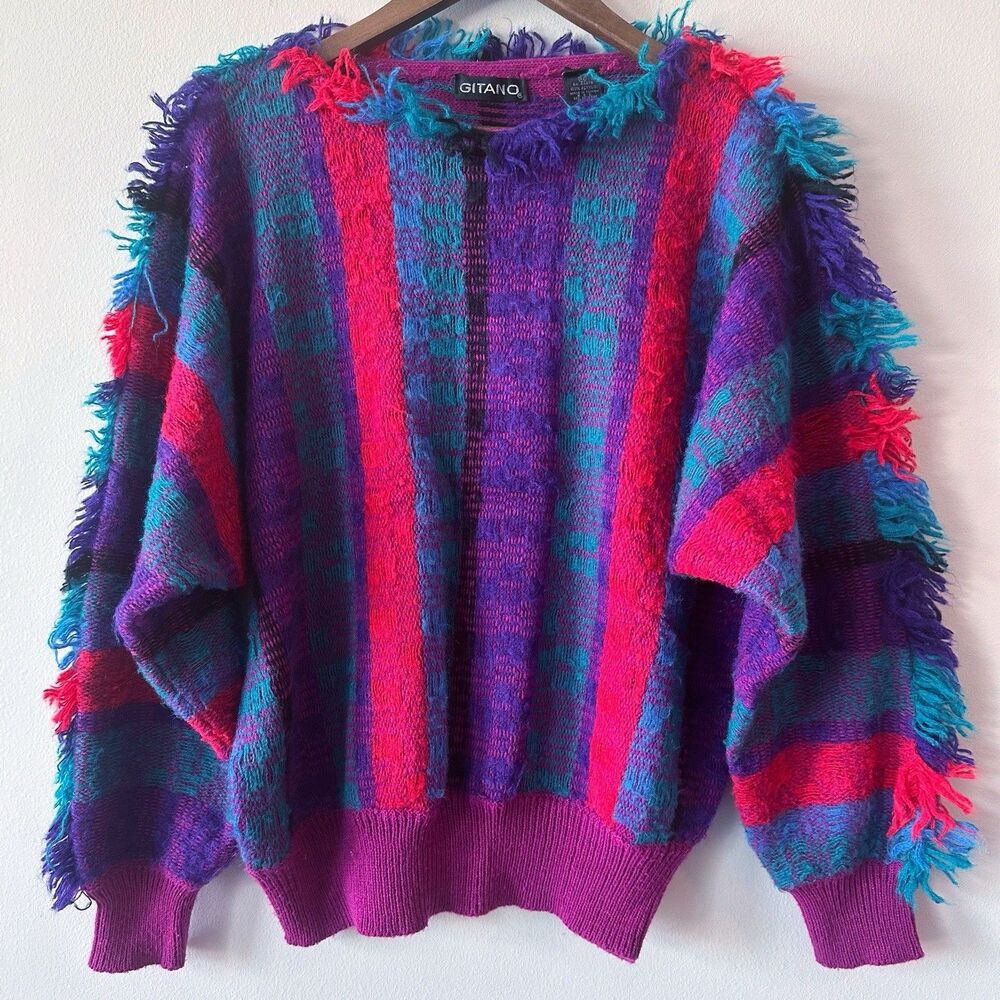 Vintage 80s 90s Gitano Shaggy Fringe Sweater Jewel Tone Abstract Knit
